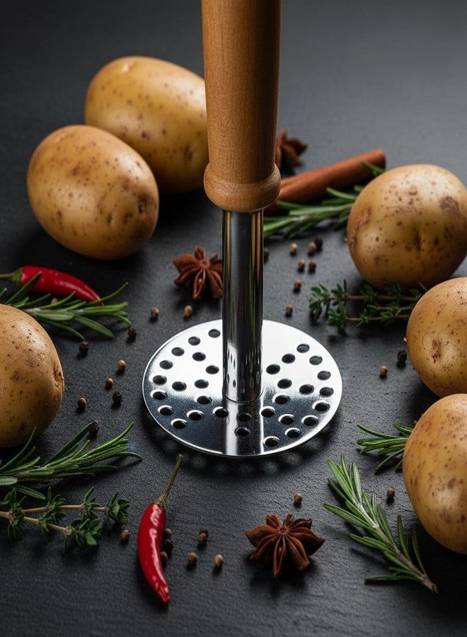 Oblivion Stainless Steel Potato & Pav Bhaji Masher with Wooden Handle - Durable, Ergonomic Design for Home Cooks & Professionals | Vegetable Crusher Paubhaji Vegetable Masher (1 Pc) - Image 2